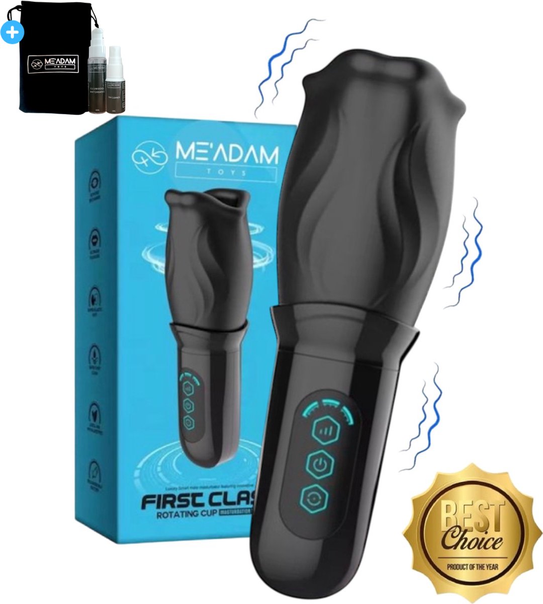 ME'ADAM - 360° Roterende blowjob masturbator - Pocket Pussy - Incl glijmiddel & opbergtas - luxe masturbator - Masturbator Voor Man - Elektrisch - Oplaadbaar - Waterdicht - Waterproof - Sex Toys voor mannen - Penis Stimulator - Zwart - fluisterstil