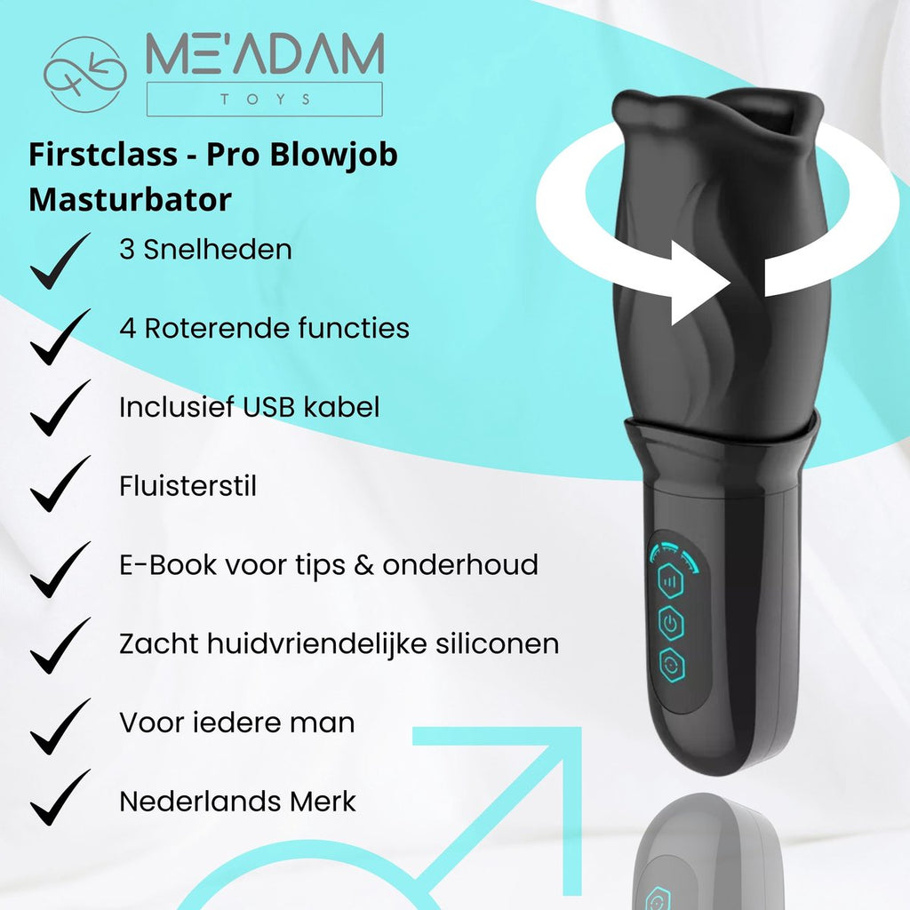 ME'ADAM - 360° Roterende blowjob masturbator - Pocket Pussy - Incl glijmiddel & opbergtas - luxe masturbator - Masturbator Voor Man - Elektrisch - Oplaadbaar - Waterdicht - Waterproof - Sex Toys voor mannen - Penis Stimulator - Zwart - fluisterstil